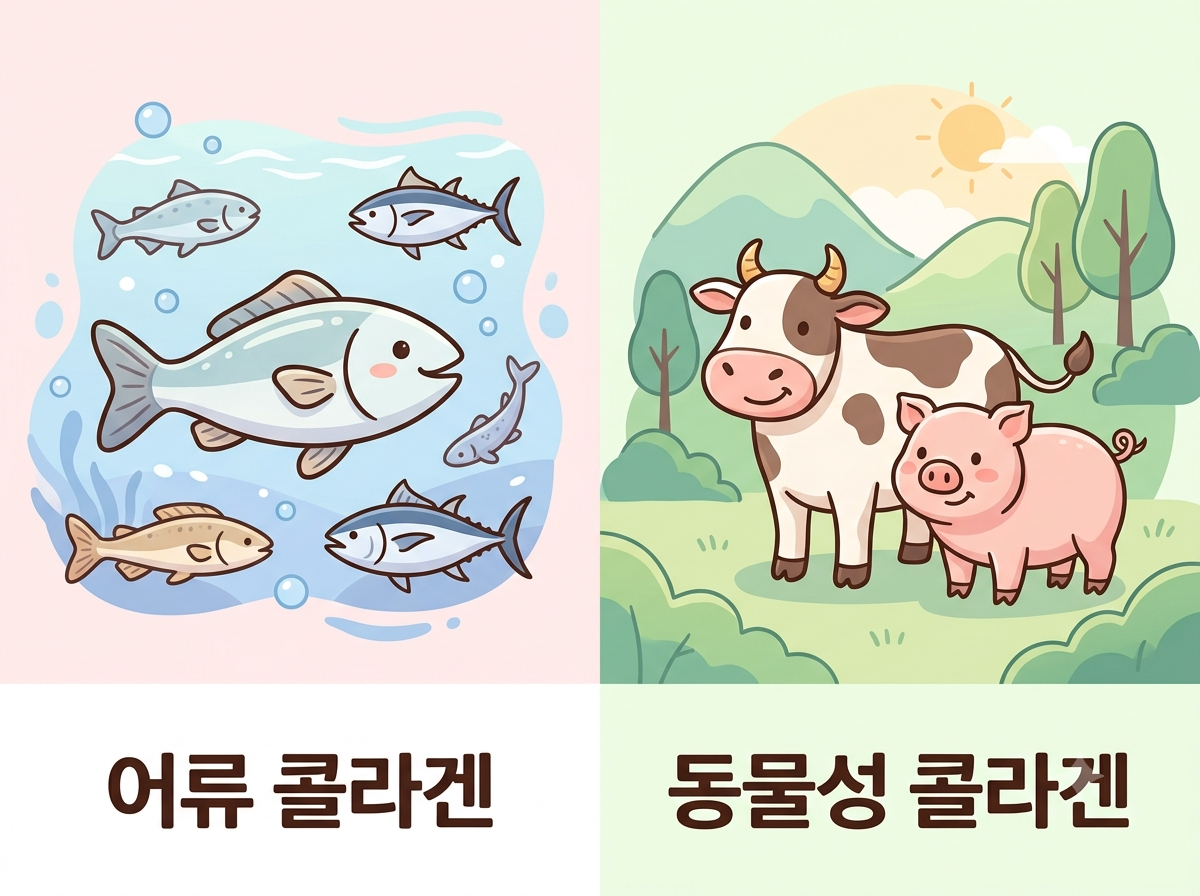 어류 콜라겐과 동물성 콜라겐 원료 비교 일러스트