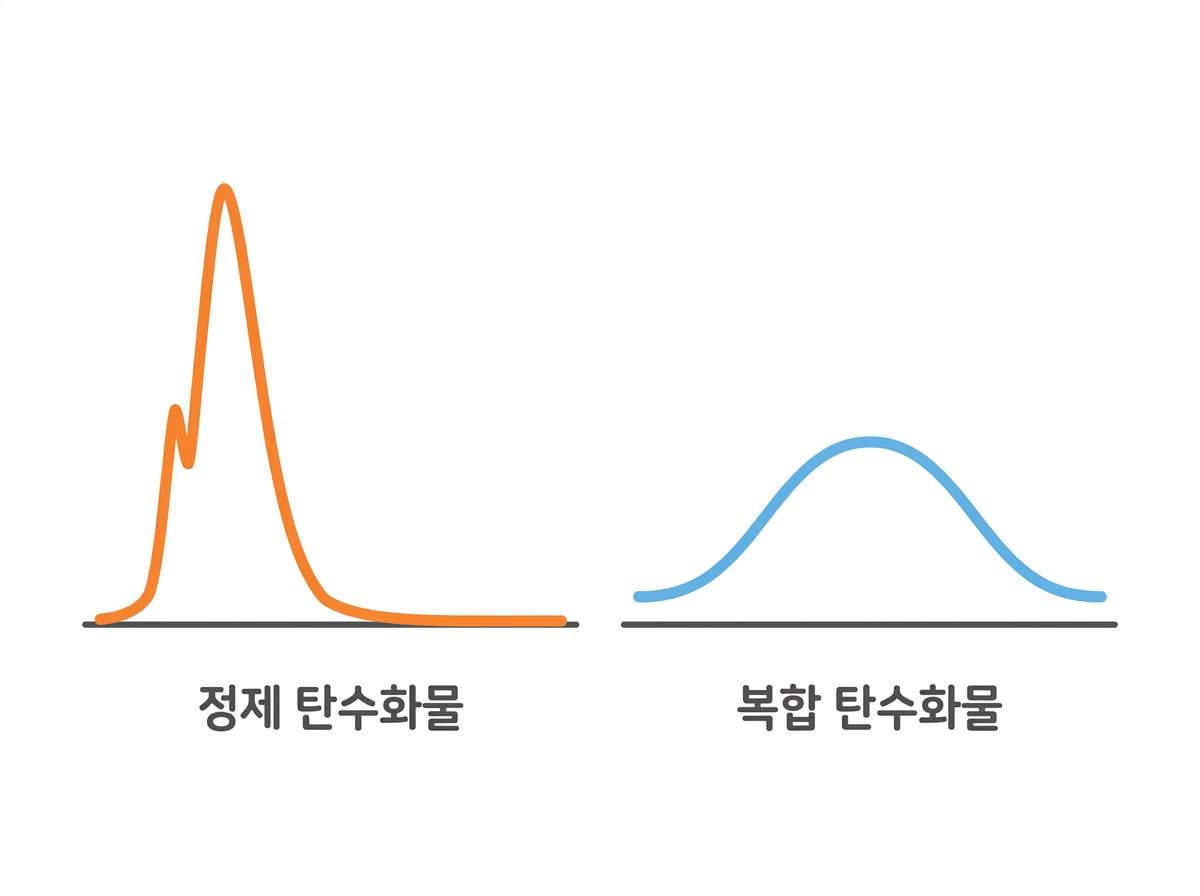 정제 탄수화물과 복합 탄수화물의 혈당 곡선 차이를 보여주는 그래프 일러스트