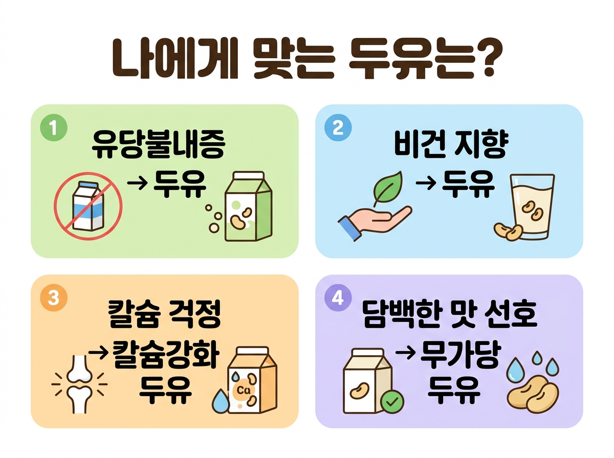 유당불내증, 비건, 칼슘, 맛 선호에 따른 두유 선택 기준 요약 이미지