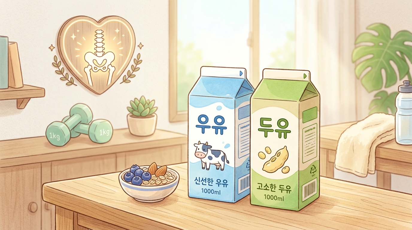 근육과 뼈 건강을 위한 우유와 두유 비교를 상징하는 일러스트