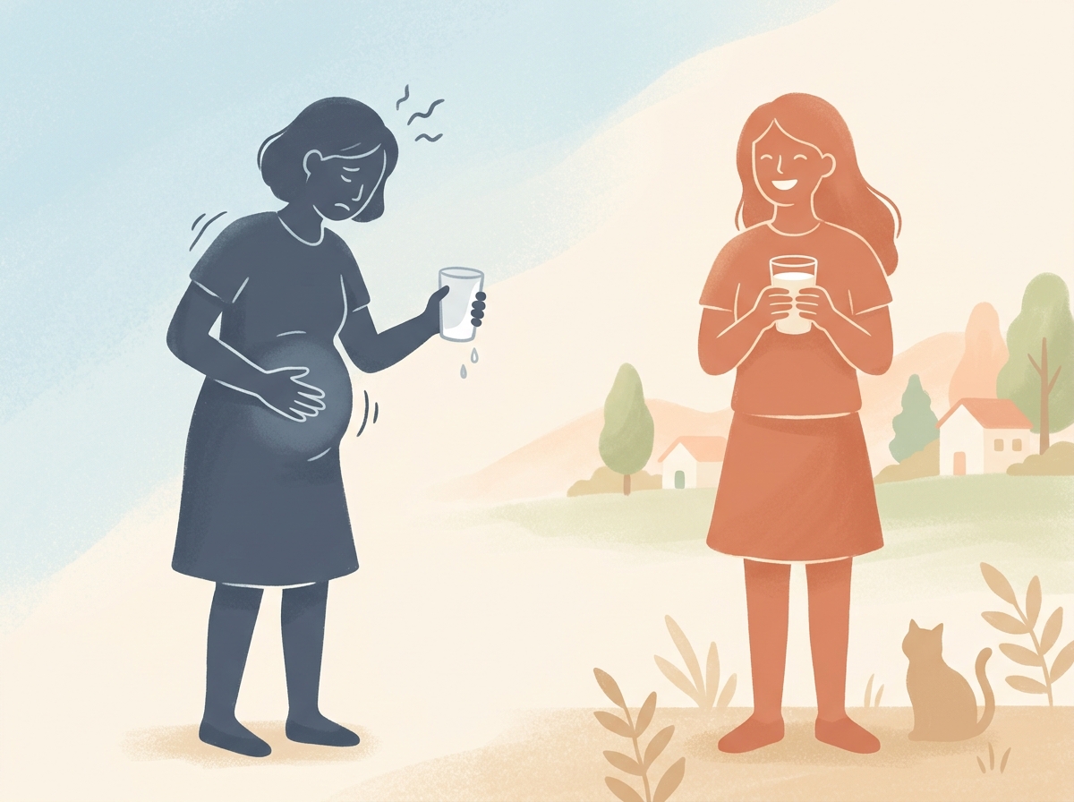 우유를 마시고 속이 불편한 사람과 두유를 마시고 편안한 사람을 은유적으로 표현한 일러스트, 유당불내증과 두유의 관계