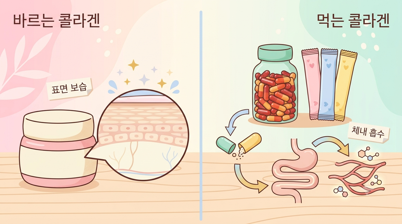 바르는 콜라겐의 표면 보습 효과와 먹는 콜라겐의 체내 흡수 과정을 비교한 라벨 일러스트