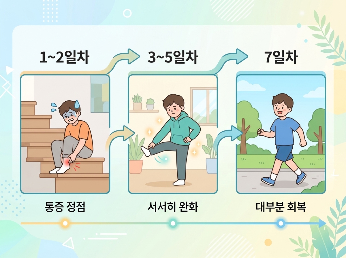 운동 후 근육통이 1~2일차 정점을 찍고 7일차까지 회복되는 과정을 보여주는 타임라인 일러스트