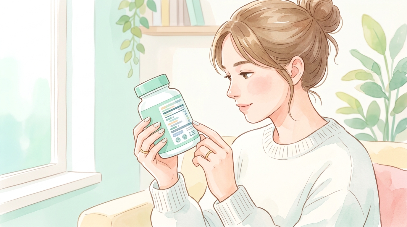 L-카르니틴 보충제 라벨을 확인하는 모습 일러스트